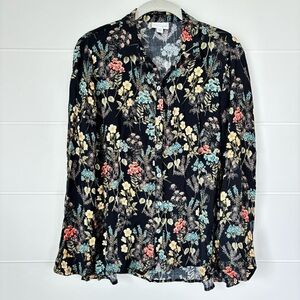 J. Jill Top Button Down Floral Long Sleeve Rayon Tunic Blouse Size XS Petite